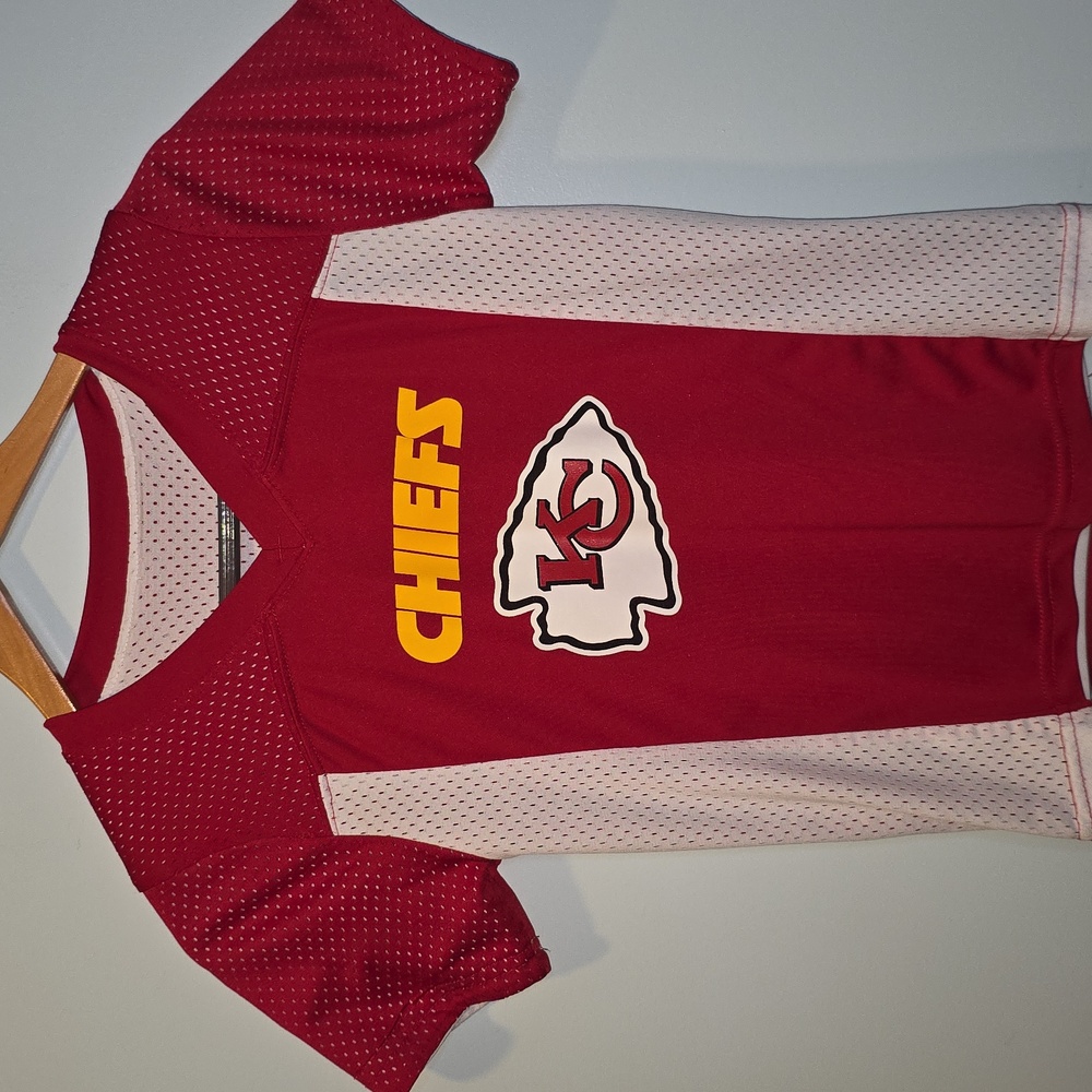 Kids Kansas City Chiefs NFL Flag Football Jersey Set Red White Mesh Shirts